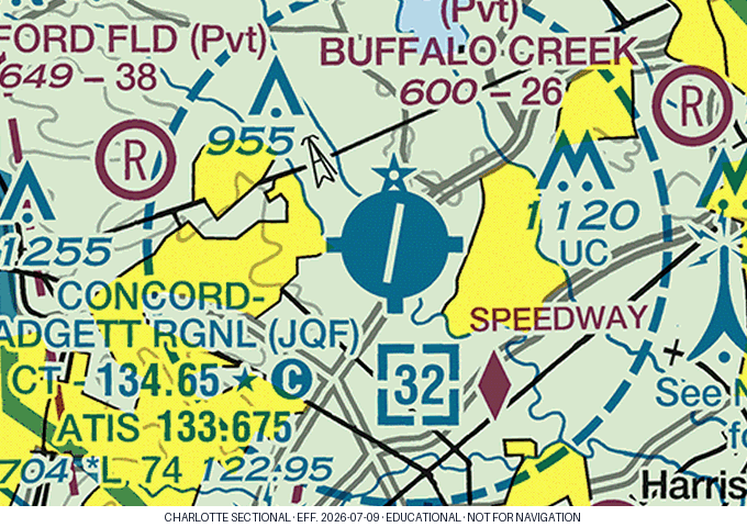 Charlotte sectional chart extract: Concord–Padgett Regional (JQF). Educational use only — not for navigation.