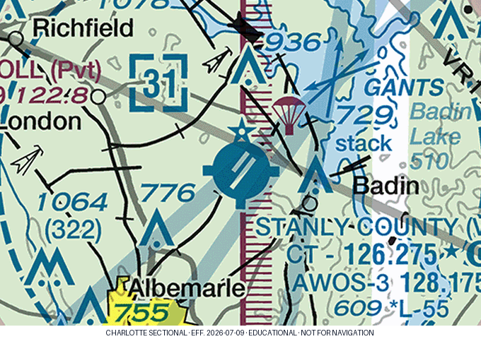 Charlotte sectional chart extract: Stanly County, Albemarle (VUJ). Educational use only — not for navigation.